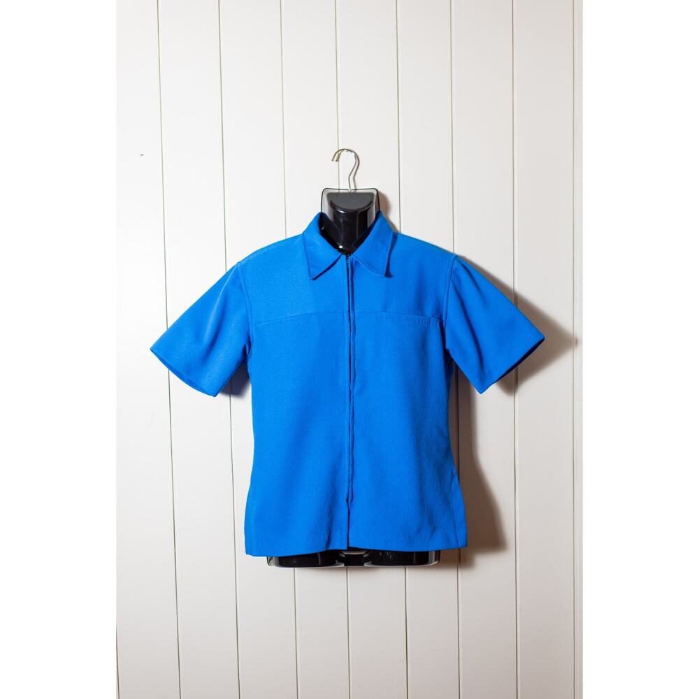 Vintage 1970s Men's Blue Shirt, Funky Groovy Short Sleeve Zip Front Pockets, Med